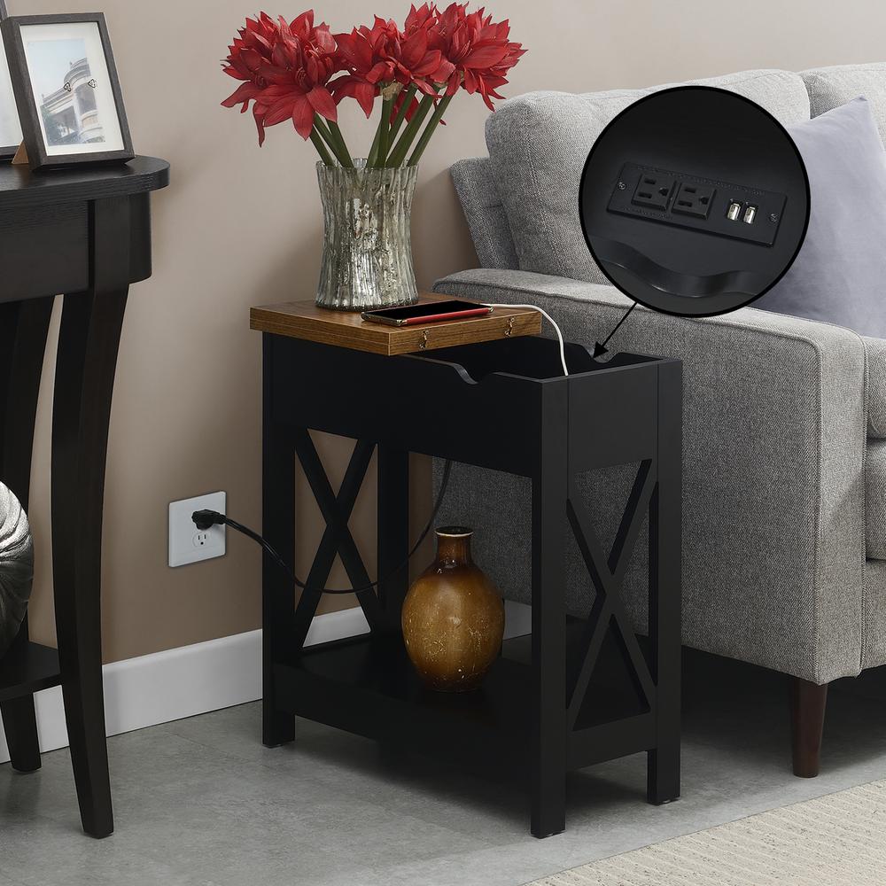 Oxford Flip Top End Table with Charging Station and Shelf, Brown. Picture 11