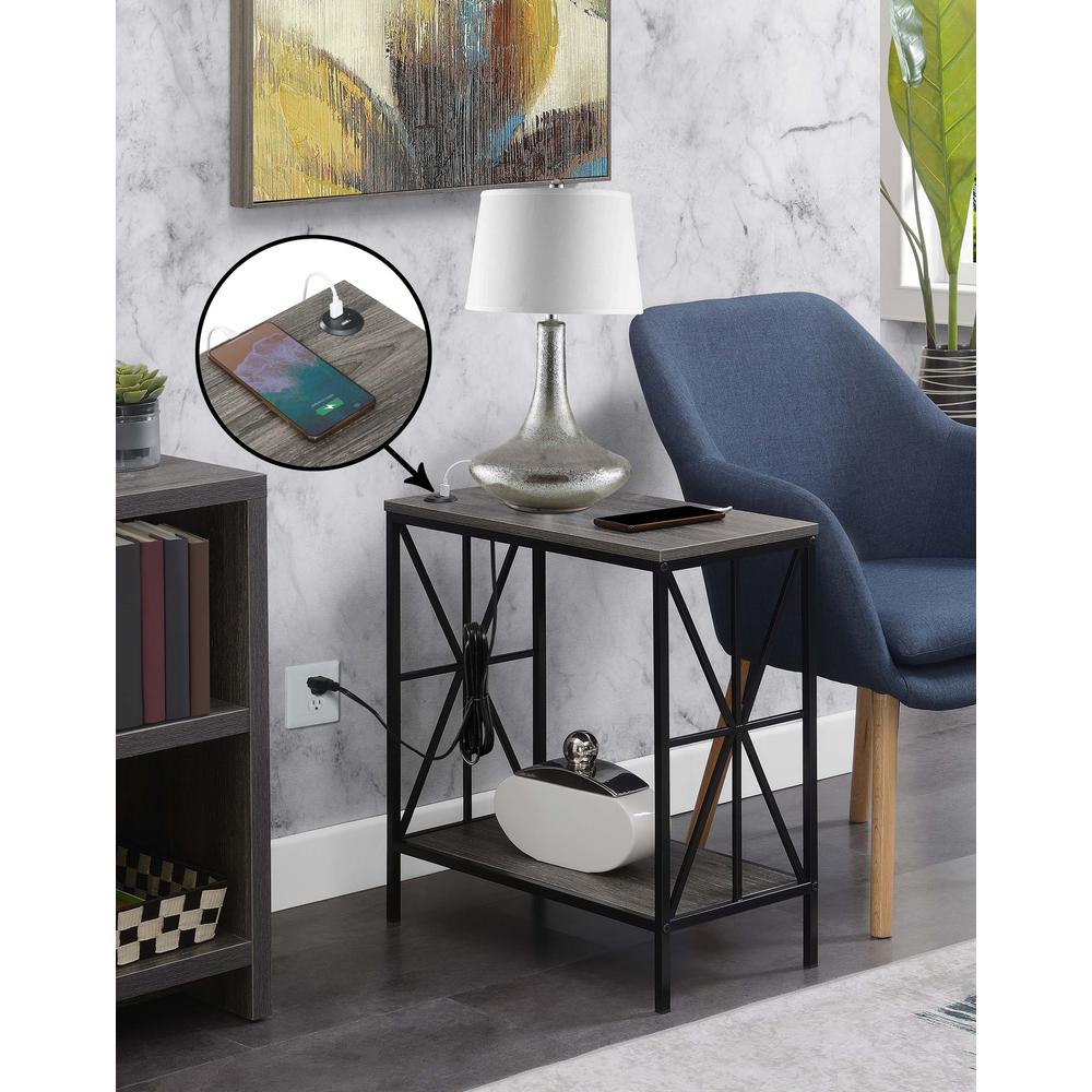 Tucson Starburst Chairside End Table with Charging Station and Shelf, Weathered Gray/Black. Picture 3