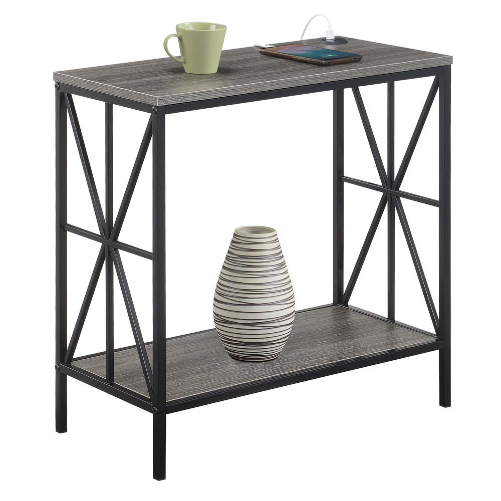 Tucson Starburst Chairside End Table with Charging Station and Shelf, Weathered Gray/Black. Picture 2