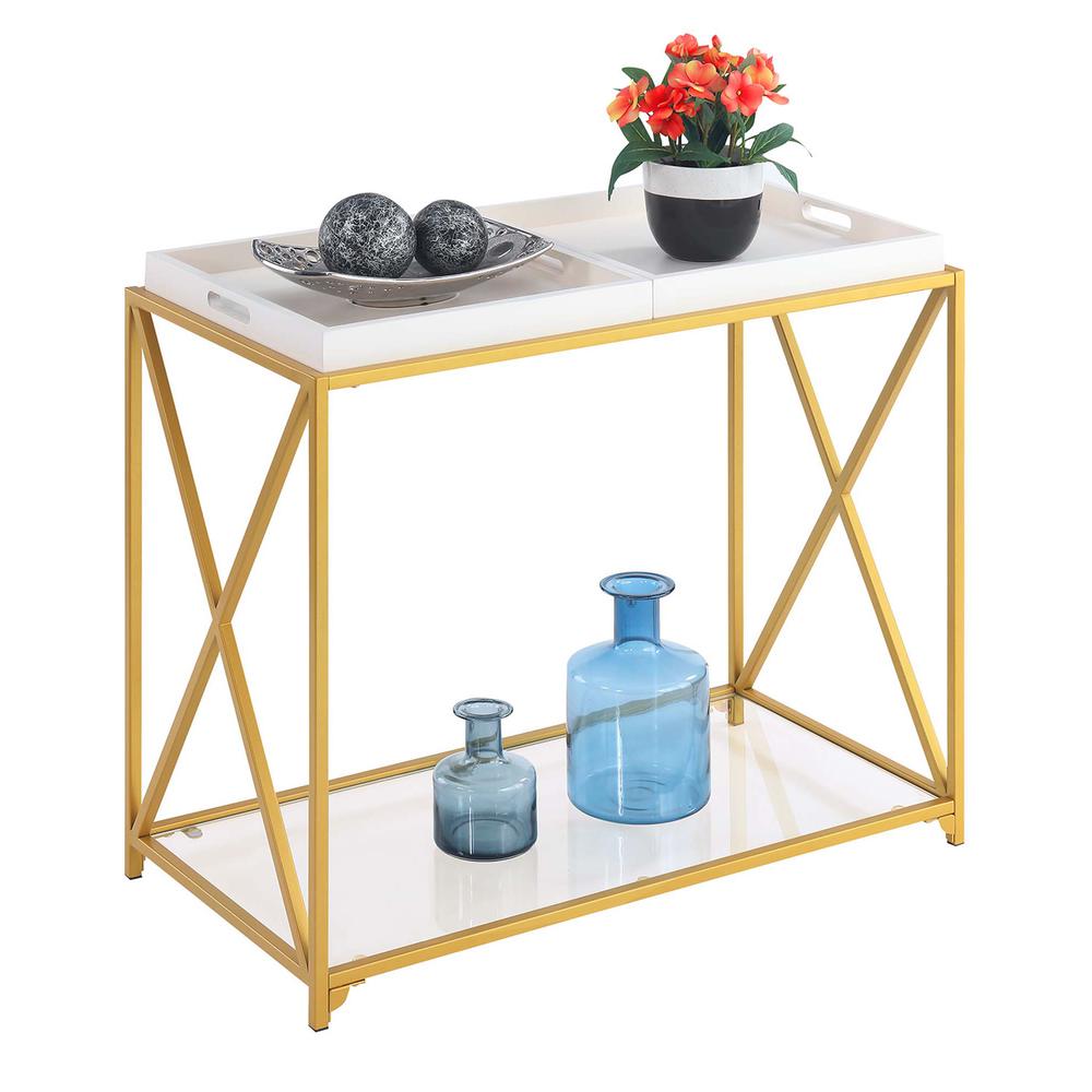 St. Andrews Console Table with Shelf and Removable Trays, White/Gold. Picture 1