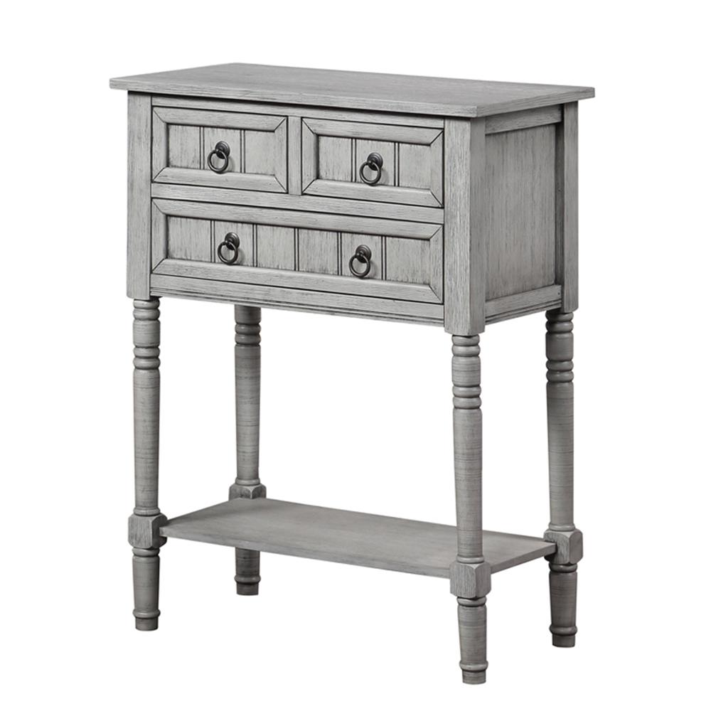 Kendra 3 Drawer Hall Table with Shelf, Wirebrush Light Gray Finish. Picture 1