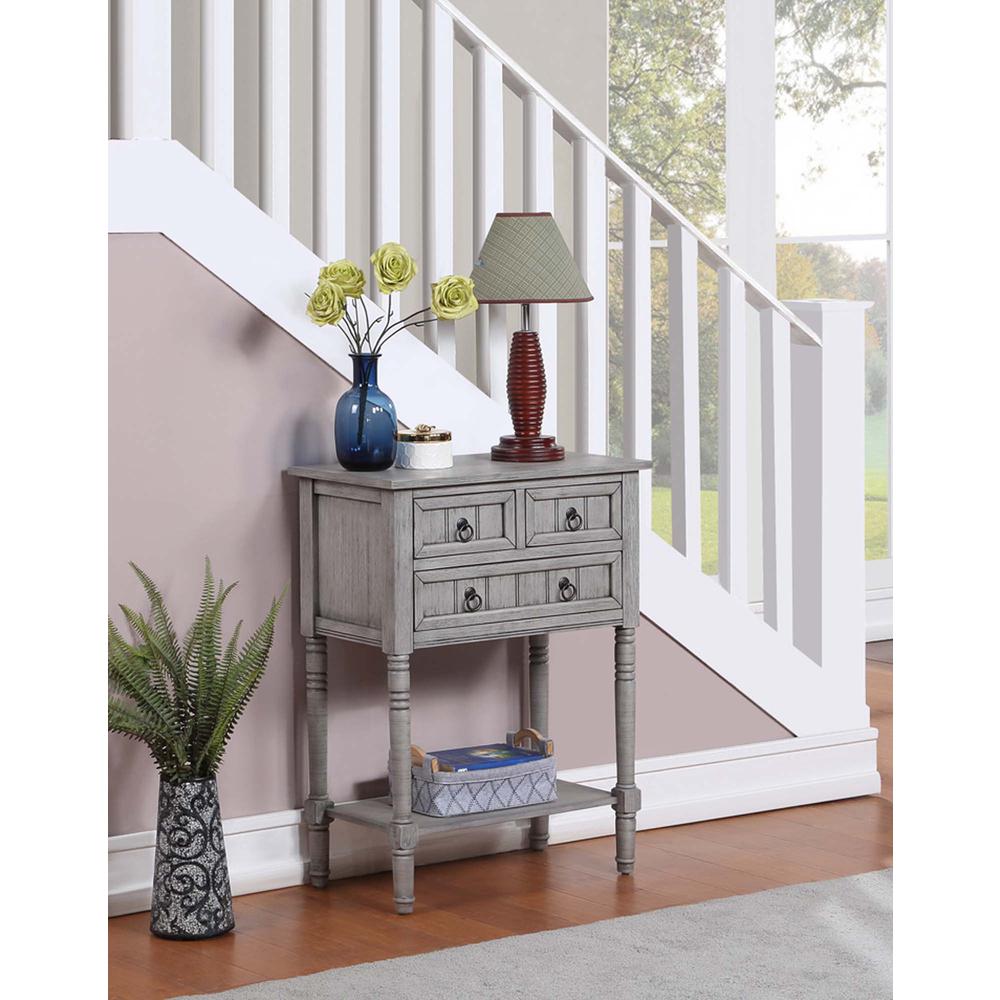 Kendra 3 Drawer Hall Table with Shelf, Wirebrush Light Gray Finish. Picture 3