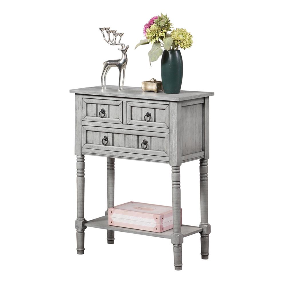 Kendra 3 Drawer Hall Table with Shelf, Wirebrush Light Gray Finish. Picture 2