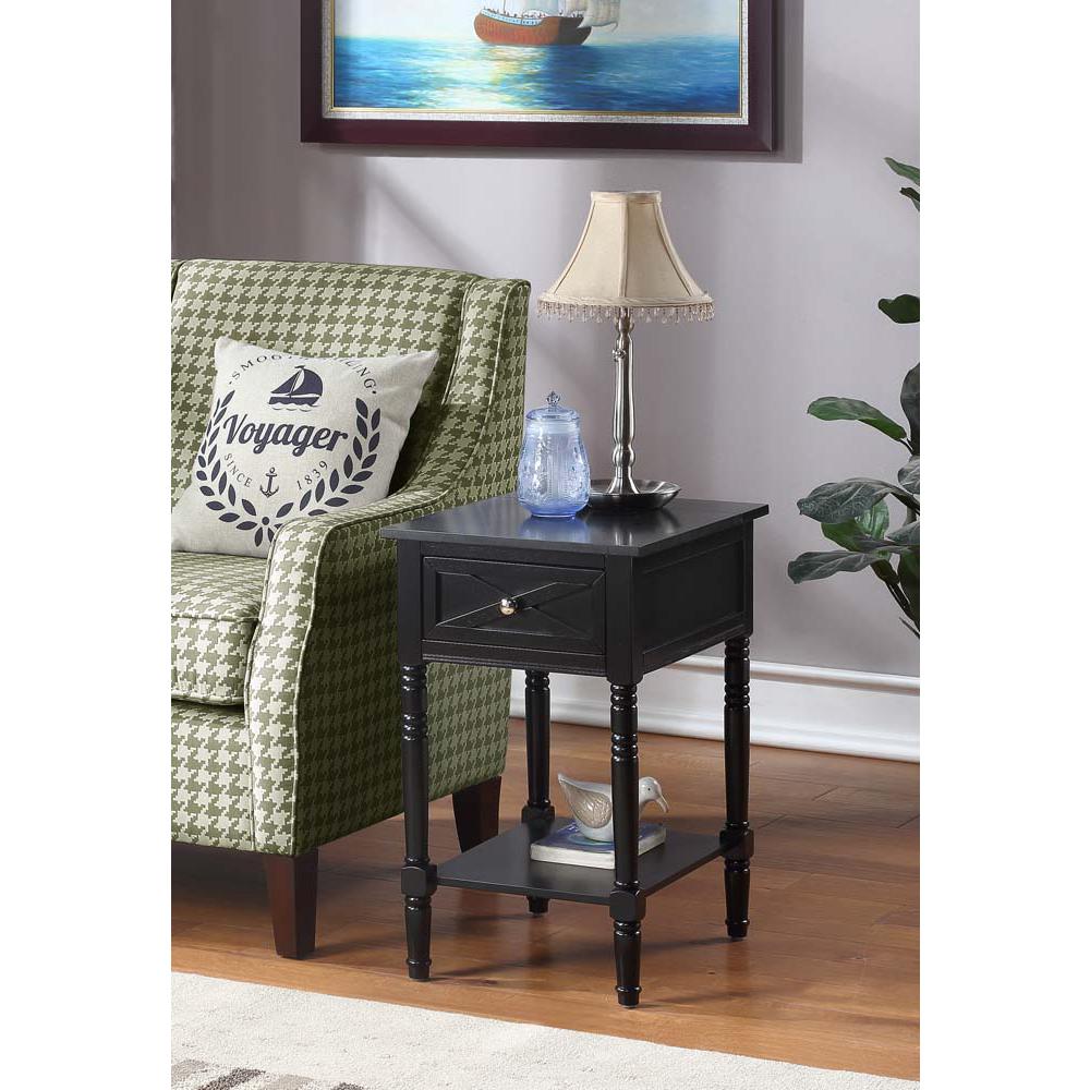 Country Oxford 1 Drawer End Table with Charging Station and Shelf, Black. Picture 3