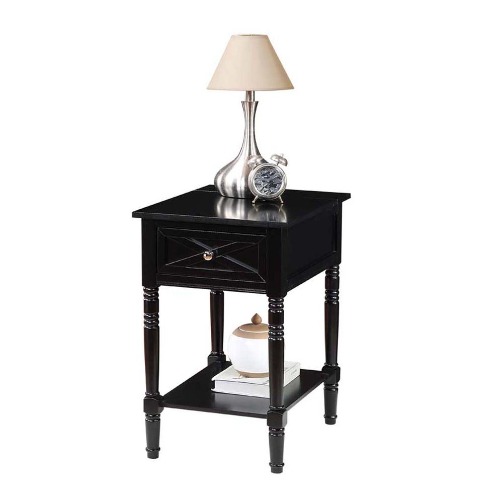Country Oxford 1 Drawer End Table with Charging Station and Shelf, Black. Picture 2