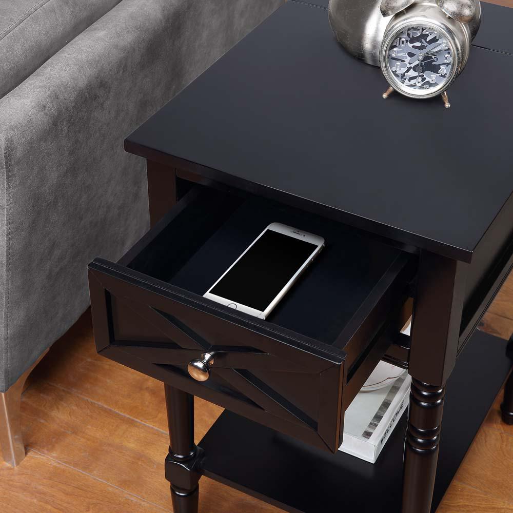 Country Oxford 1 Drawer End Table with Charging Station and Shelf, Black. Picture 4