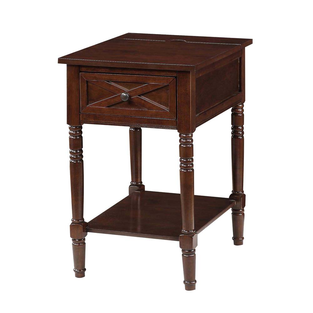 Country Oxford 1 Drawer End Table with Charging Station and Shelf, Espresso. Picture 1