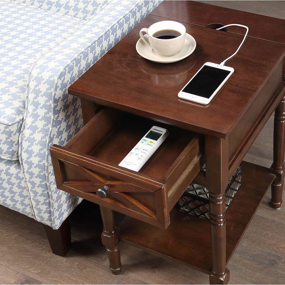 Country Oxford 1 Drawer End Table with Charging Station and Shelf, Espresso. Picture 4