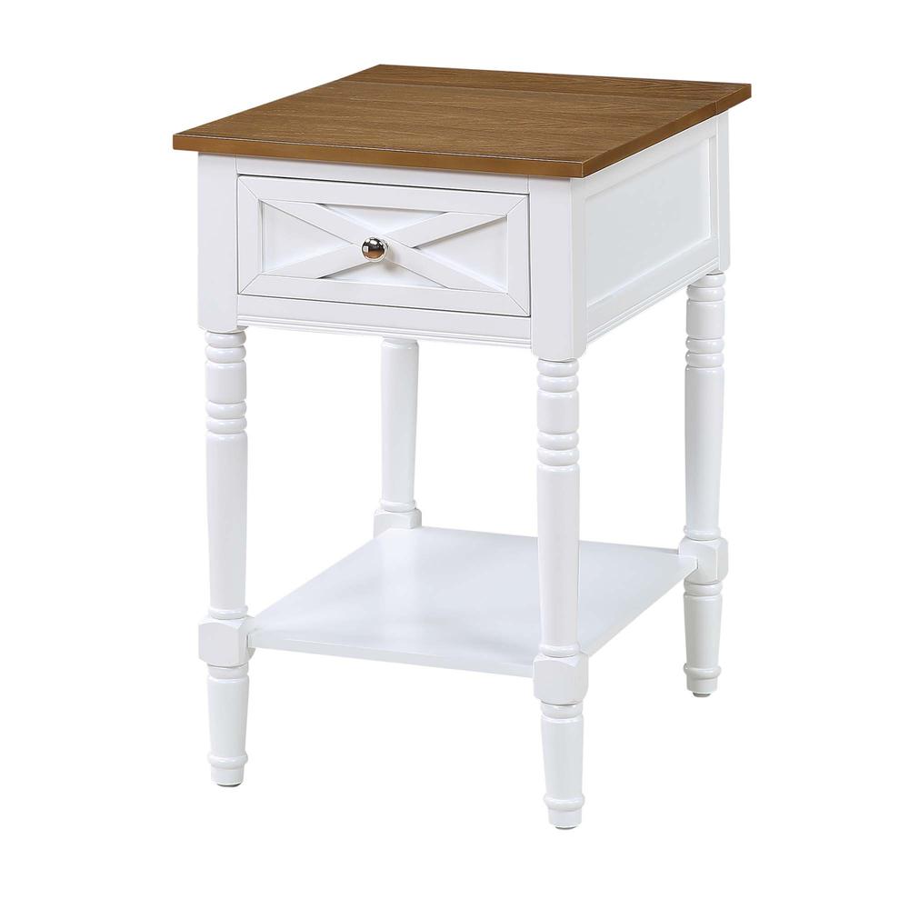 Country Oxford 1 Drawer End Table with Charging Station and Shelf, Driftwood/White. Picture 1