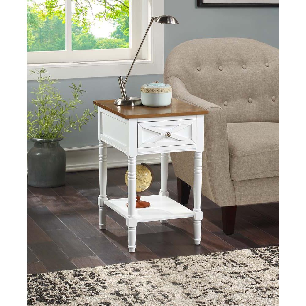 Country Oxford 1 Drawer End Table with Charging Station and Shelf, Driftwood/White. Picture 3