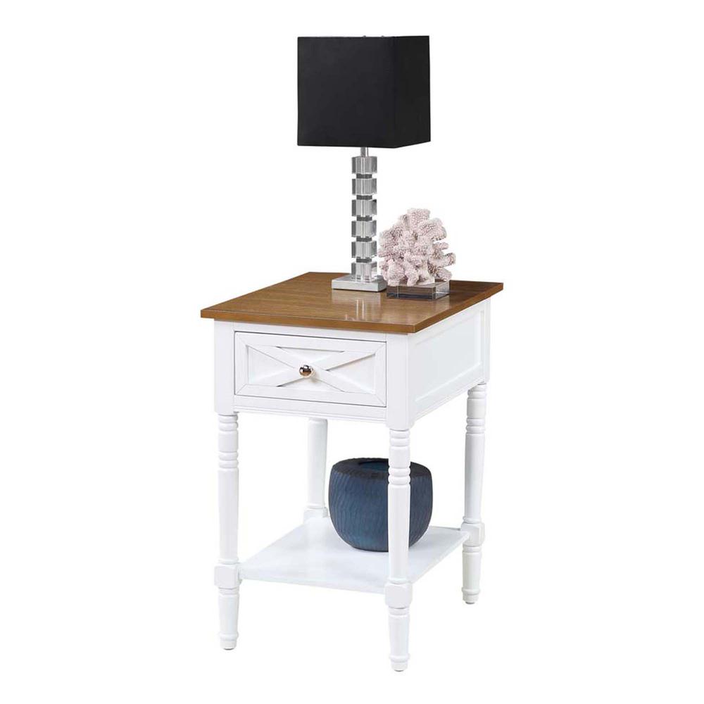 Country Oxford 1 Drawer End Table with Charging Station and Shelf, Driftwood/White. Picture 2