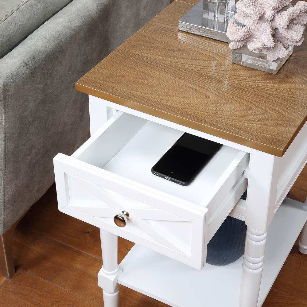 Country Oxford 1 Drawer End Table with Charging Station and Shelf, Driftwood/White. Picture 4