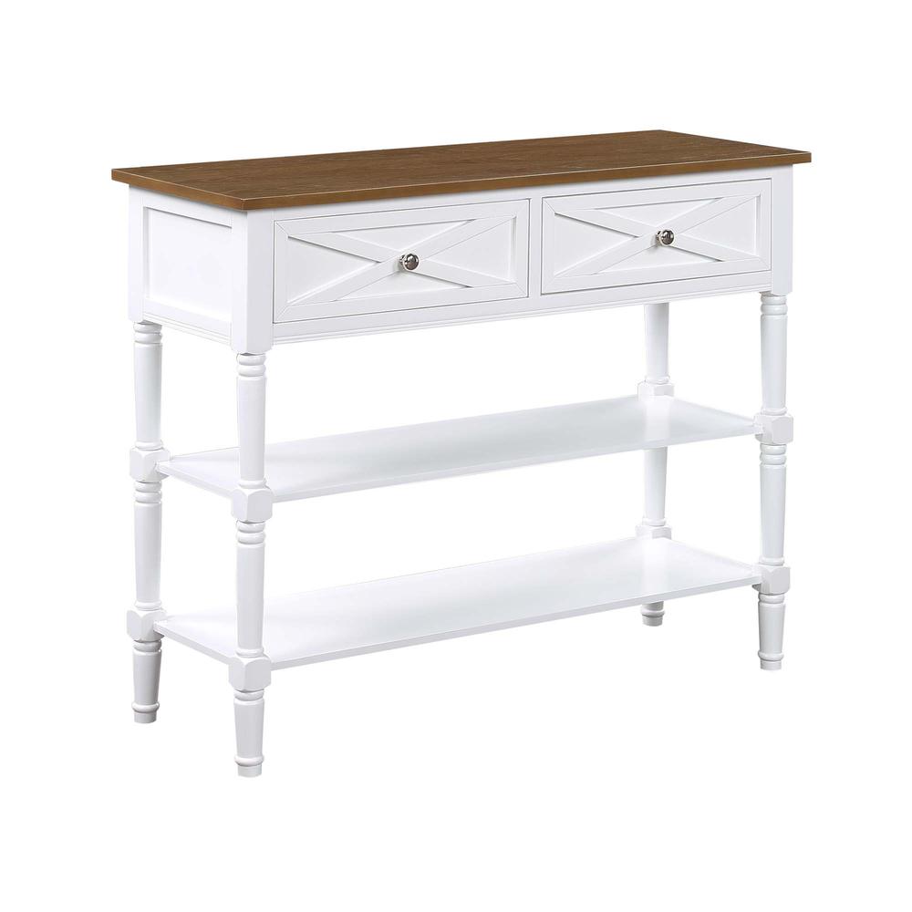 Country Oxford 2 Drawer Console Table with Shelves, Driftwood Top/White Frame. The main picture.
