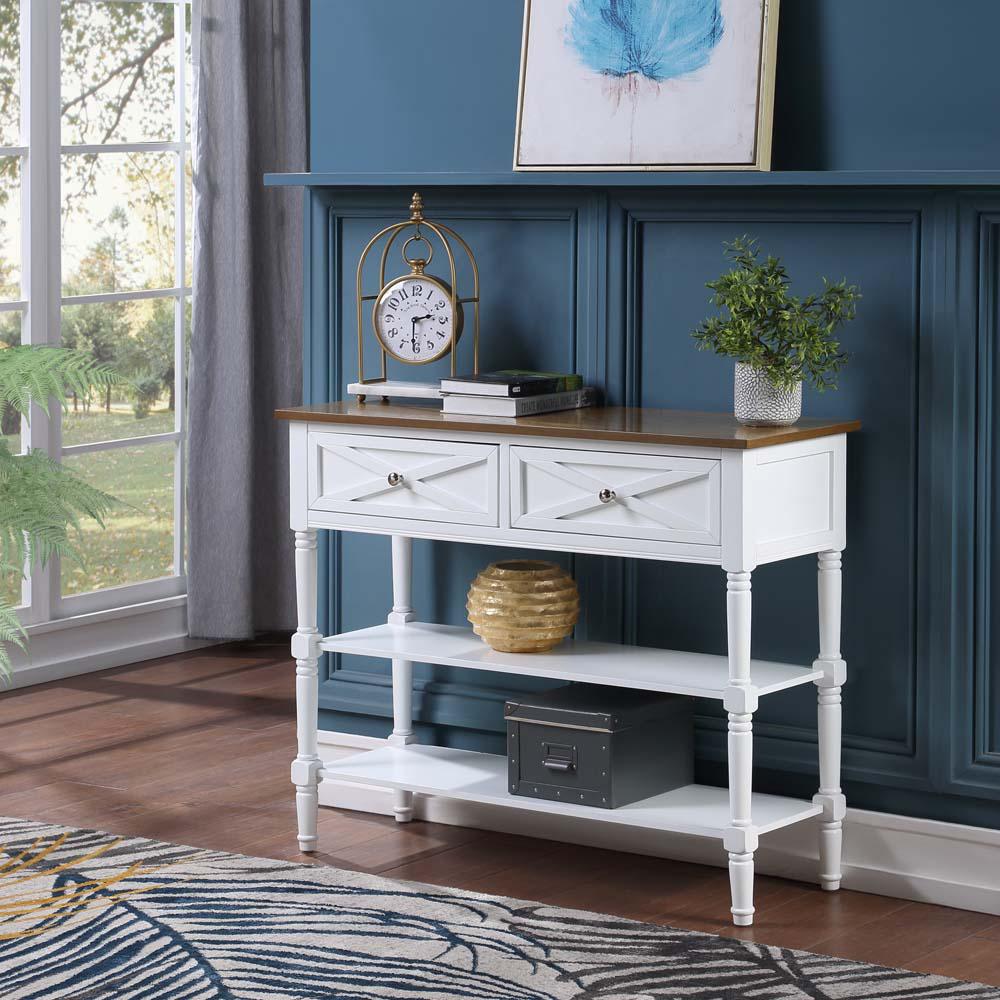 Country Oxford 2 Drawer Console Table with Shelves, Driftwood Top/White Frame. Picture 3