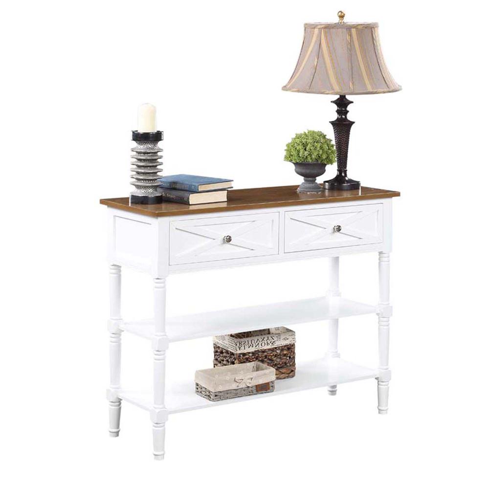Country Oxford 2 Drawer Console Table with Shelves, Driftwood Top/White Frame. Picture 2