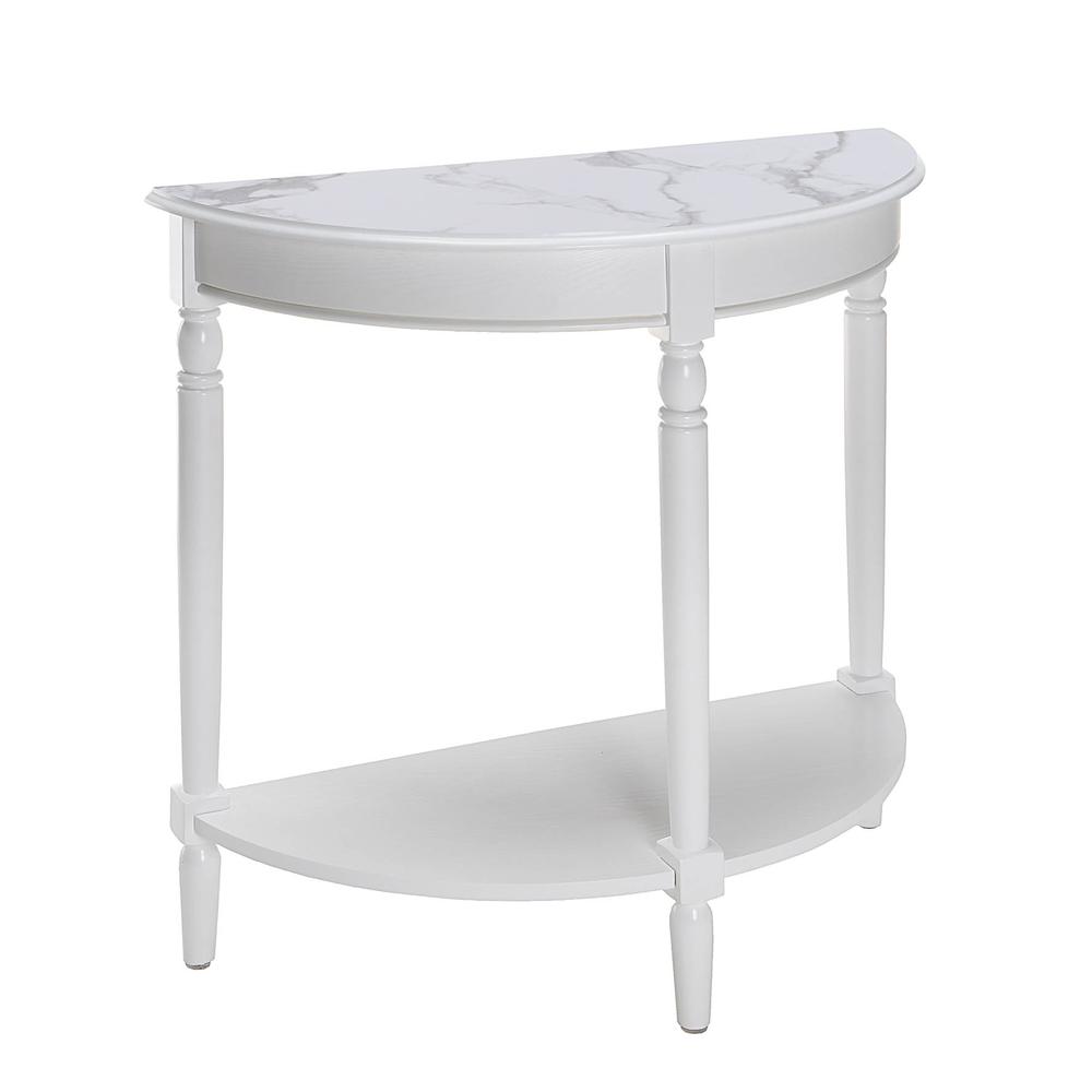 French Country Half-Round Entryway Table with Shelf, White Faux Marble/White. Picture 1