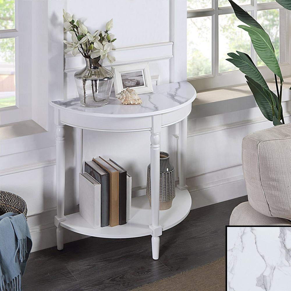 French Country Half-Round Entryway Table with Shelf, White Faux Marble/White. Picture 3