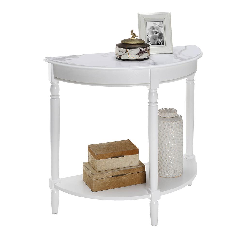 French Country Half-Round Entryway Table with Shelf, White Faux Marble/White. Picture 2