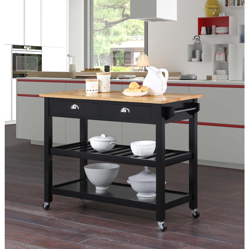 American Heritage 3 Tier Butcher Block Kitchen Cart with Drawers, Butcher Block/Black. Picture 6