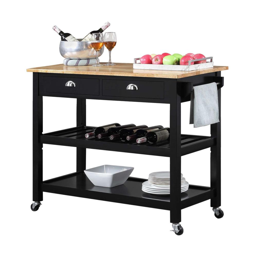 American Heritage 3 Tier Butcher Block Kitchen Cart with Drawers, Butcher Block/Black. Picture 1