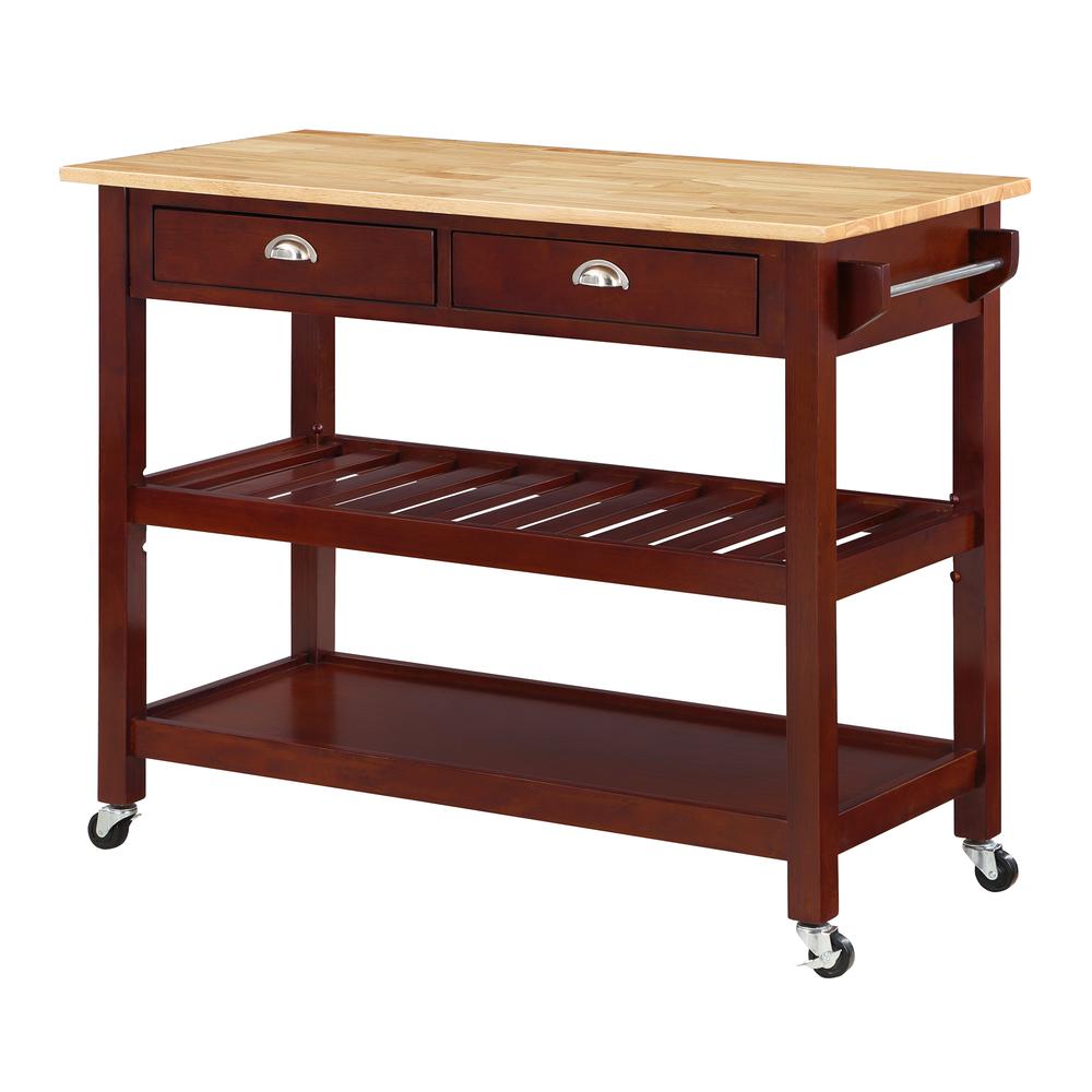 American Heritage 3 Tier Butcher Block Kitchen Cart with Drawers, Butcher Block/Mahogany. Picture 1