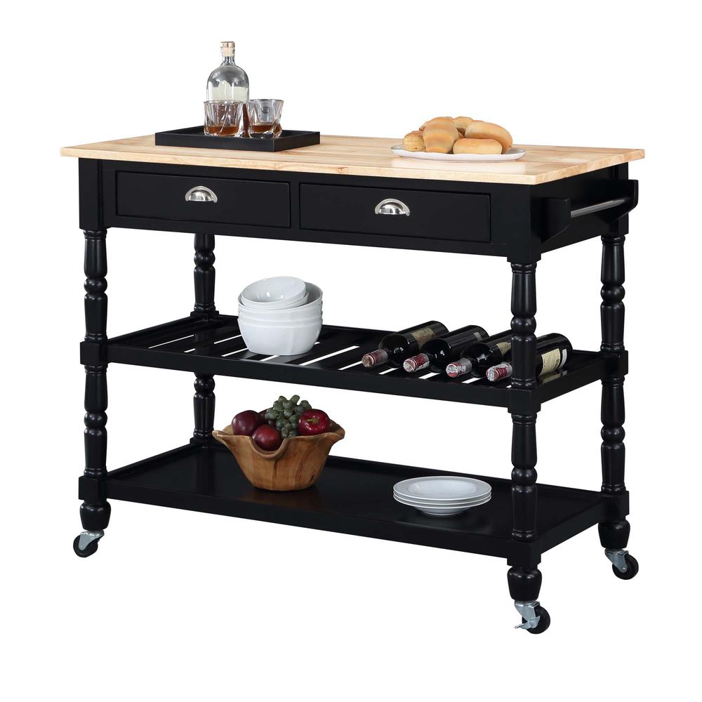 French Country 3 Tier Butcher Block Kitchen Cart with Drawers, Butcher Block/Black. Picture 1