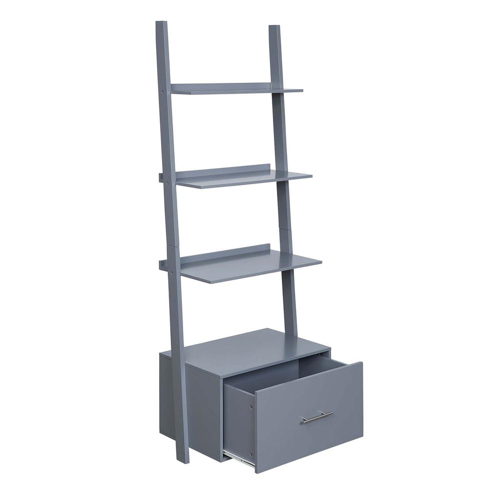 American Heritage Ladder Bookshelf with File Drawer, Gray. Picture 3