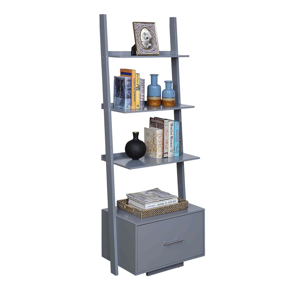 American Heritage Ladder Bookshelf with File Drawer, Gray. Picture 1