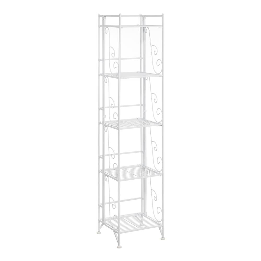 Xtra Storage 5 Tier Folding Metal Shelf with Scroll Design, White. Picture 1