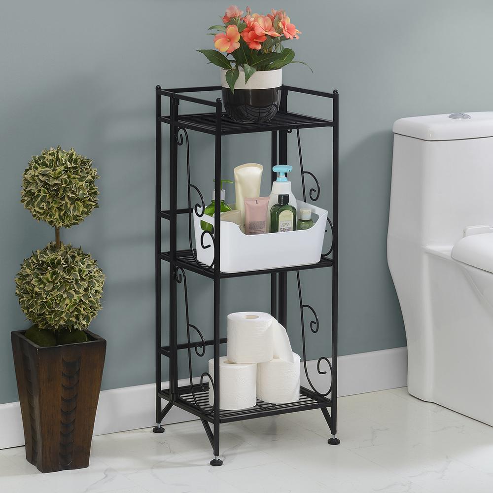 Xtra Storage 3 Tier Folding Metal Shelf with Scroll Design, Black. Picture 3