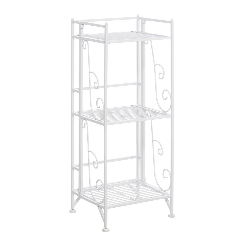 Xtra Storage 3 Tier Folding Metal Shelf with Scroll Design, White. Picture 1
