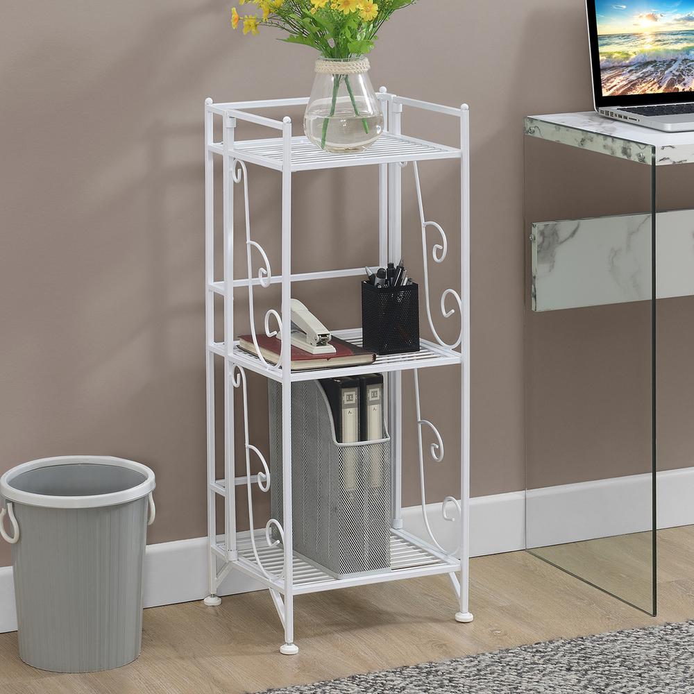 Xtra Storage 3 Tier Folding Metal Shelf with Scroll Design, White. Picture 3