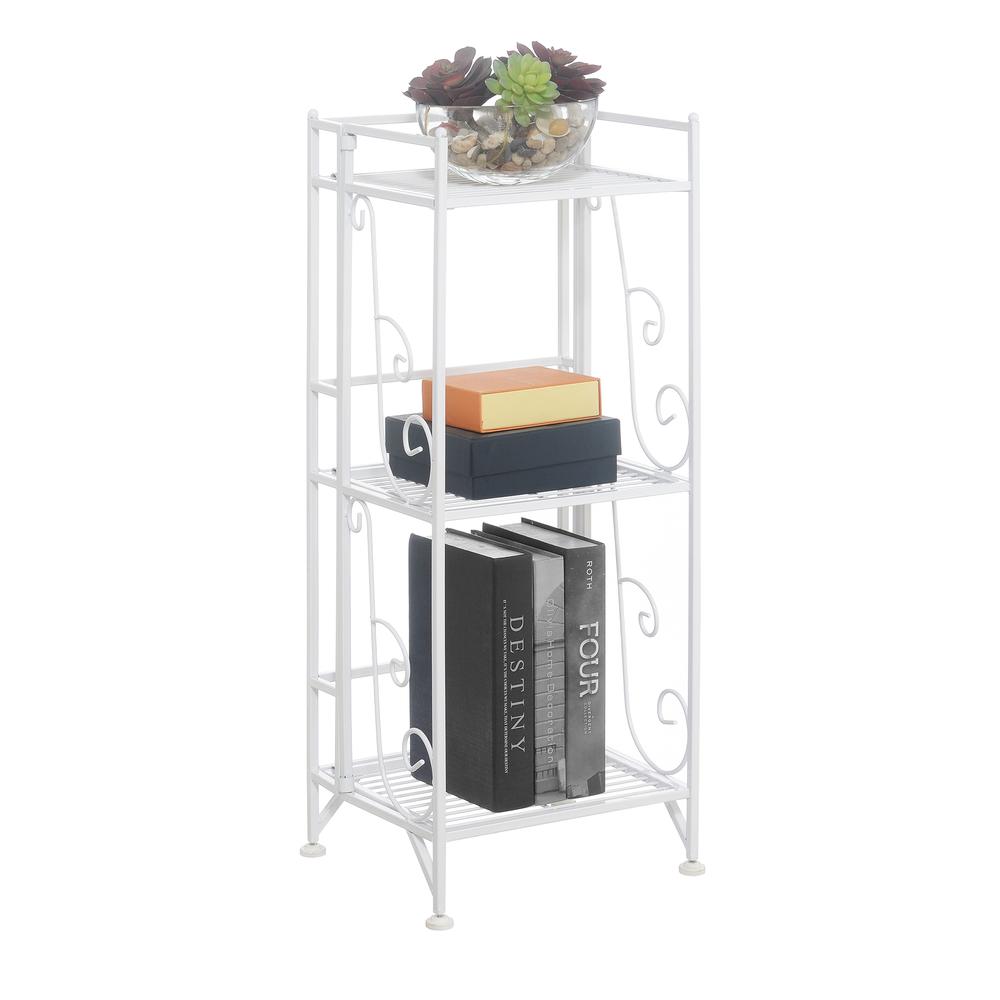 Xtra Storage 3 Tier Folding Metal Shelf with Scroll Design, White. Picture 2