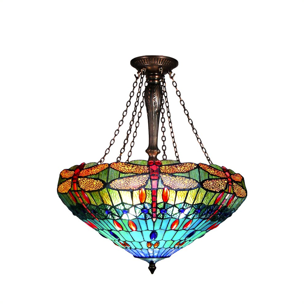 SCARLET Tiffany-style 3 Light Dragonfly Inverted Ceiling Pendant 24" Shade. Picture 1