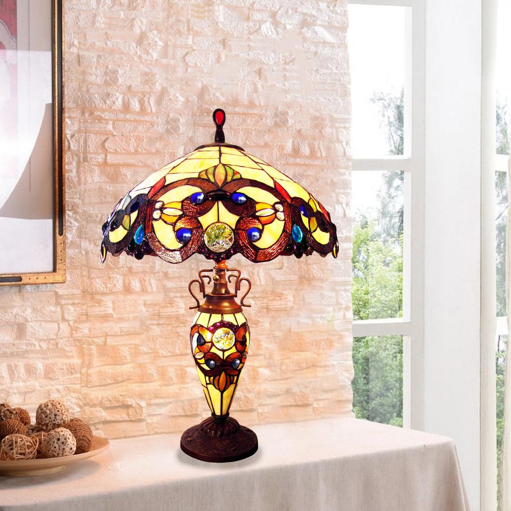 CHLOE Lighting DEMETRA AURORA Victorian Tiffany-style 3 Light Victorian Double Lit Table Lamp 18" Wide. Picture 3