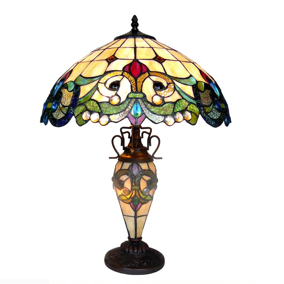 DULCE Tiffany-style 3 Light Victorian Double Lit Table Lamp 18" Shade. Picture 1