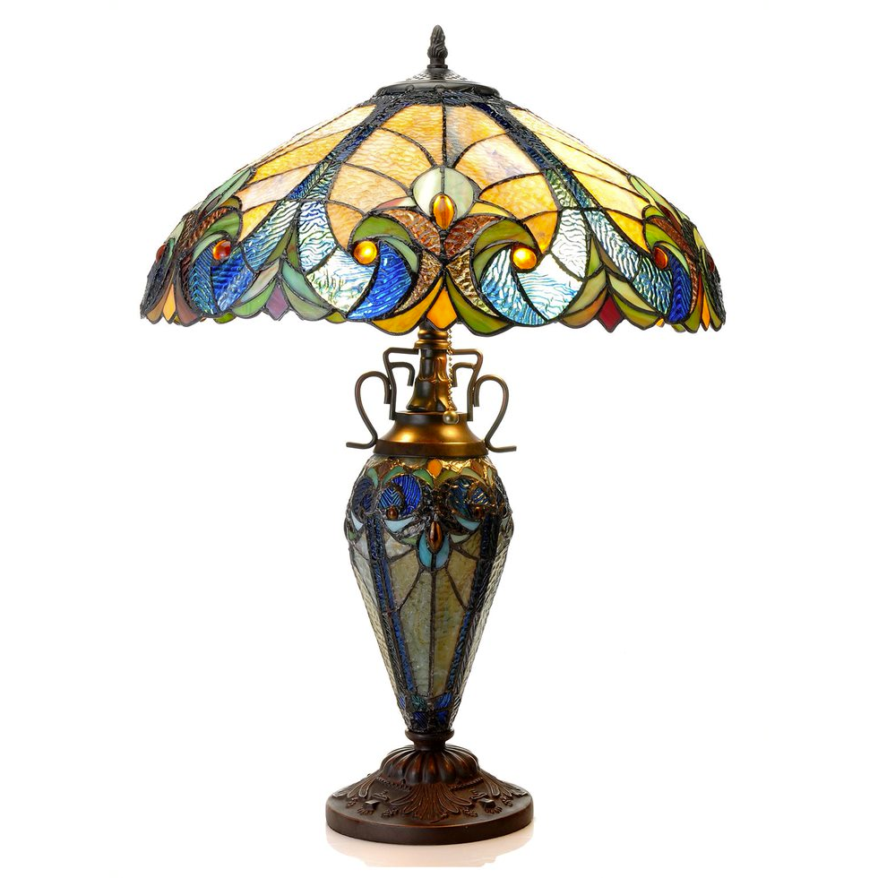 LIAISON Tiffany-style 3 Light Victorian Double Lit Table Lamp 18" Shade. Picture 1