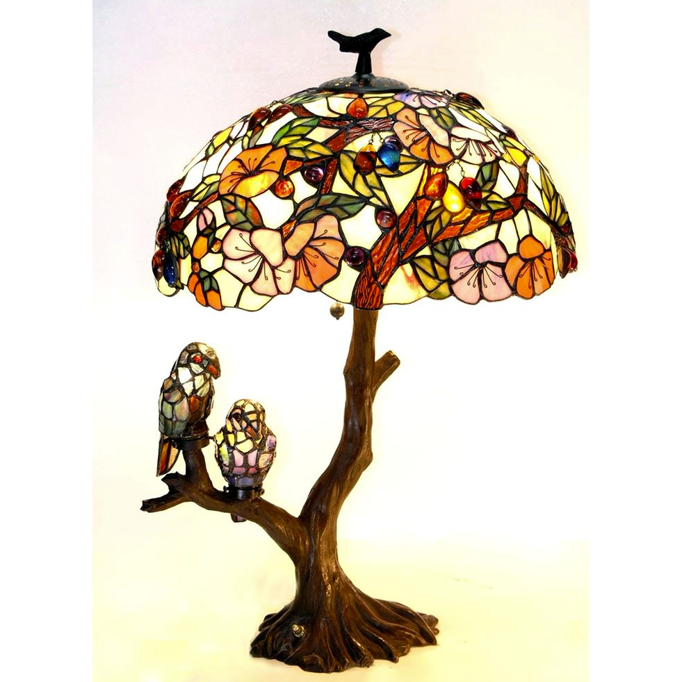 4 Light Tiffany-style featuring Flowers & Birds Double Lit Table Lamp Oval Shape 19" Shade. Picture 1