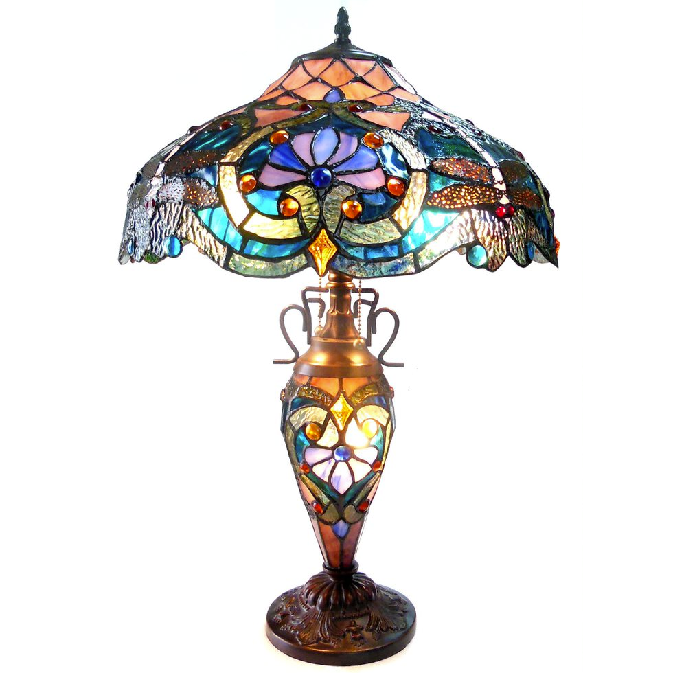 LYDIA Tiffany-style 3 Light Victorian Double Lit Table Lamp 17" Shade. Picture 1