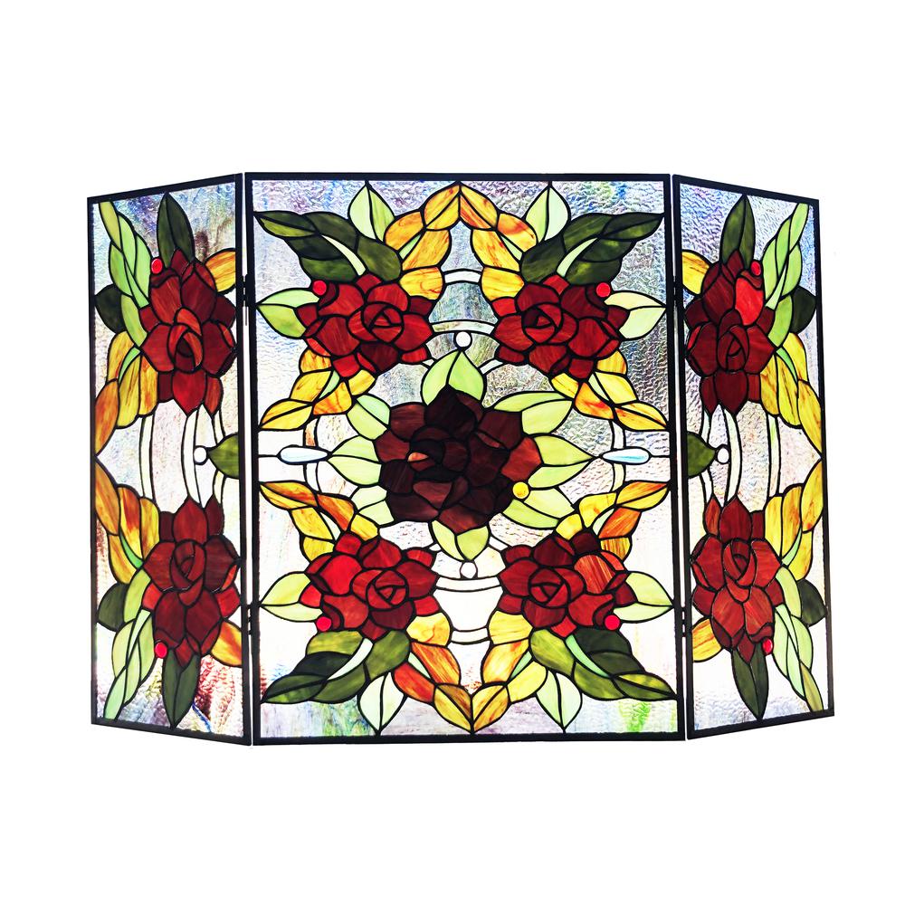 CHLOE Lighting CANNA Tiffany-Style 3pcs Folding Floral Stained Glass Fireplace Screen 40" Width. Picture 1