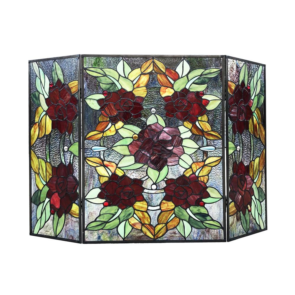 CHLOE Lighting CANNA Tiffany-Style 3pcs Folding Floral Stained Glass Fireplace Screen 40" Width. Picture 2