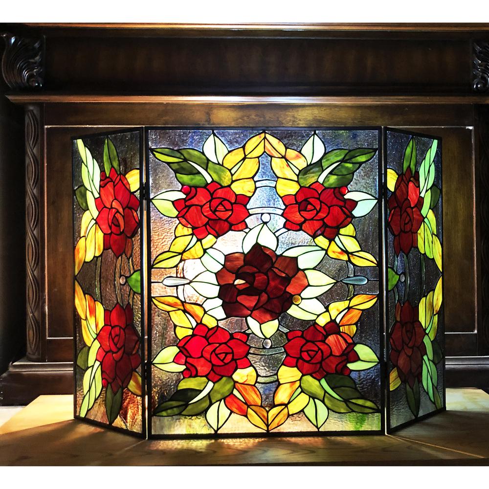 CHLOE Lighting CANNA Tiffany-Style 3pcs Folding Floral Stained Glass Fireplace Screen 40" Width. Picture 3
