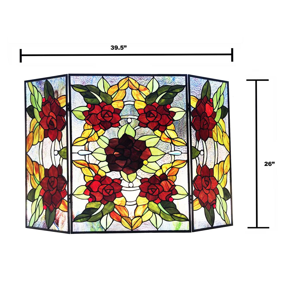 CHLOE Lighting CANNA Tiffany-Style 3pcs Folding Floral Stained Glass Fireplace Screen 40" Width. Picture 4