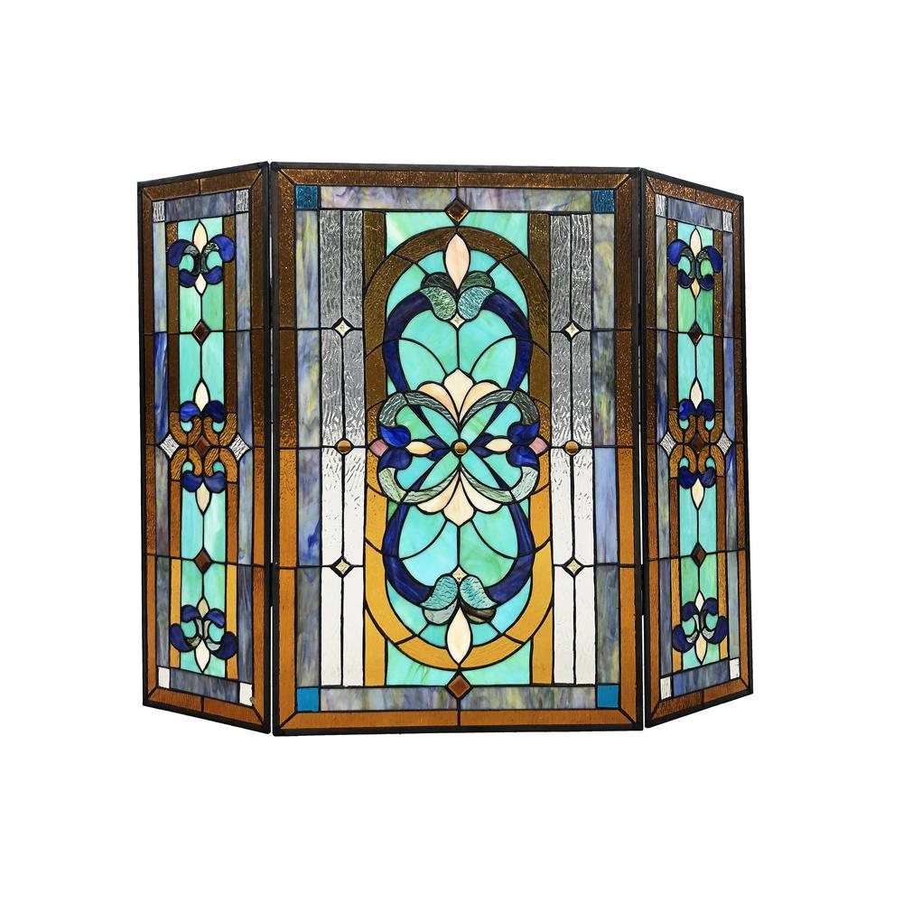 CHLOE Lighting PALACE Tiffany-Style 3pcs Folding Victorian Stained Glass Fireplace Screen 40" Width. Picture 2