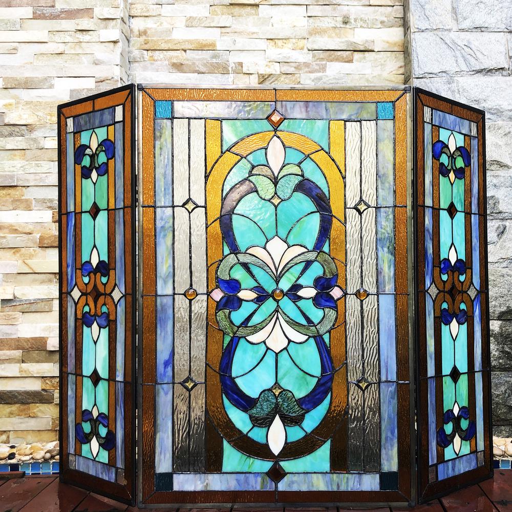 CHLOE Lighting PALACE Tiffany-Style 3pcs Folding Victorian Stained Glass Fireplace Screen 40" Width. Picture 3