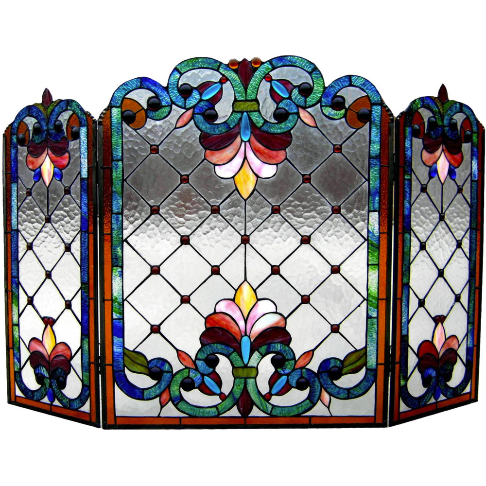 Tiffany-glass 3pcs Folding Victorian Fireplace Screen 44" Wide. Picture 1