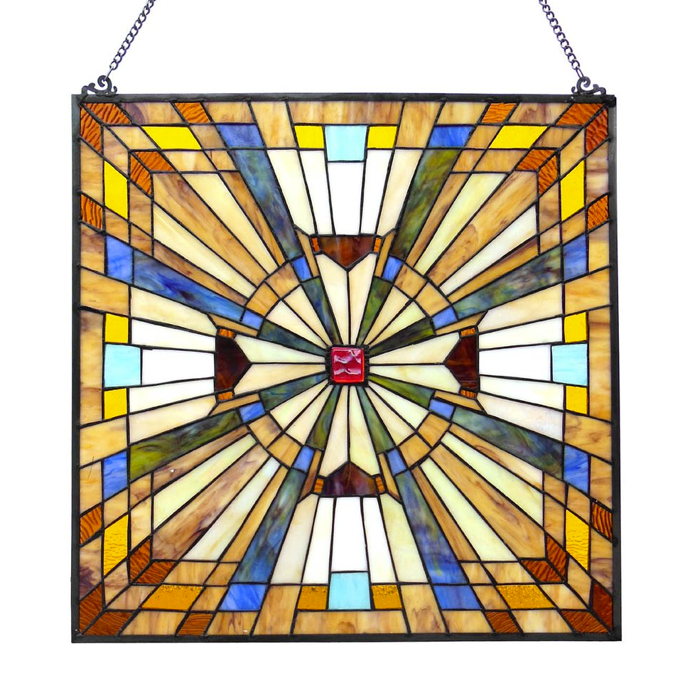 FLARE Tiffany-glass Mission Square Window Panel 24". Picture 1