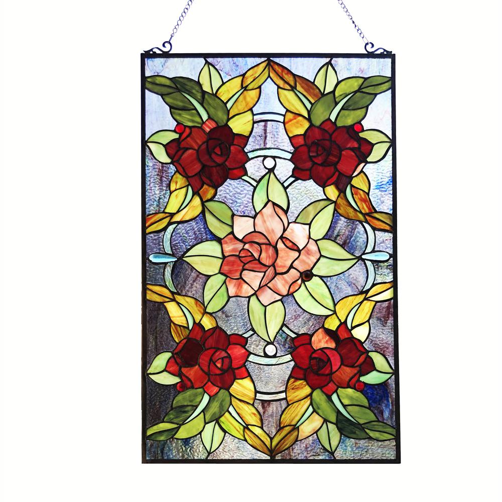 CHLOE Lighting CANNA Tiffany-Style Floral Stained Glass Window Panel 32" Height. Picture 1