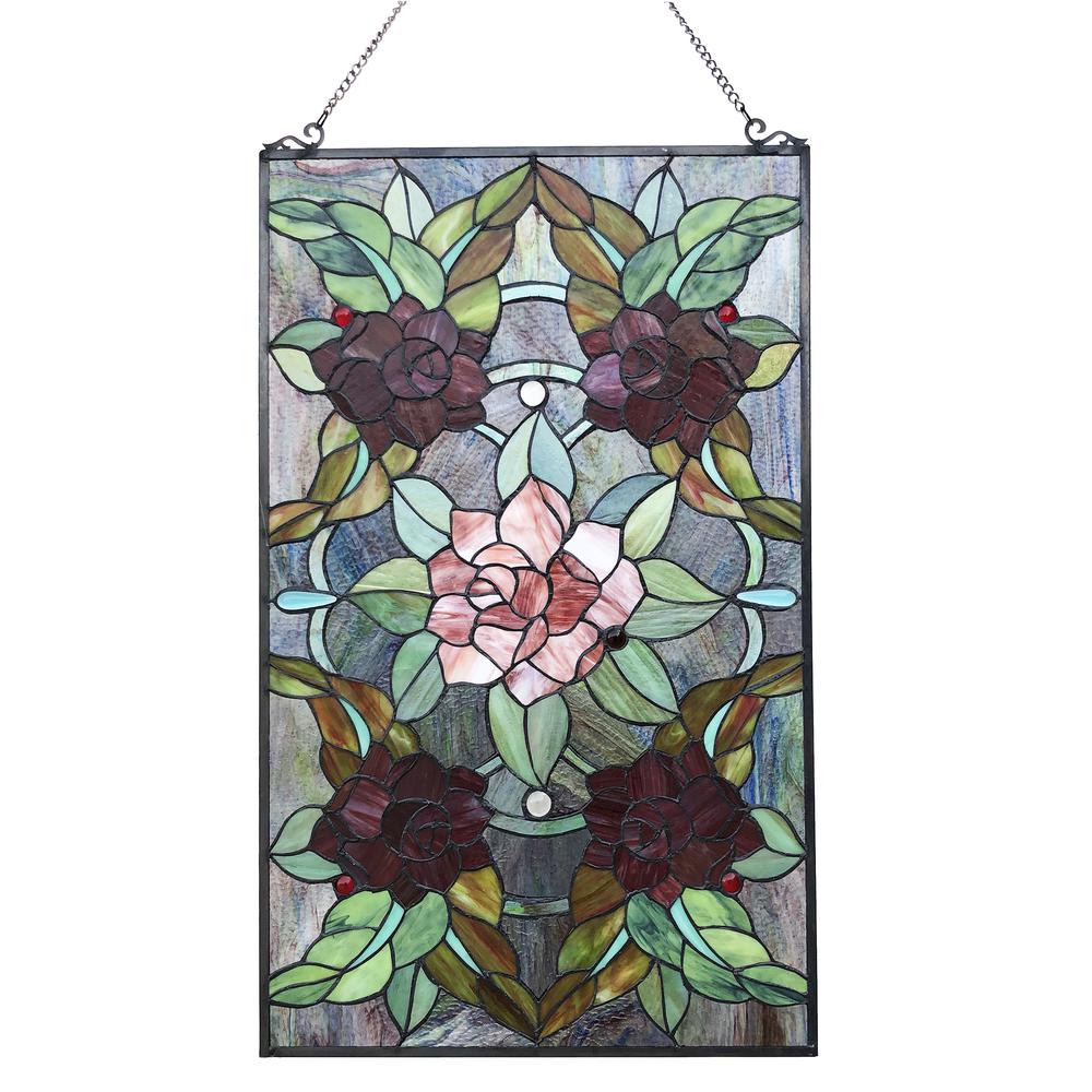 CHLOE Lighting CANNA Tiffany-Style Floral Stained Glass Window Panel 32" Height. Picture 2