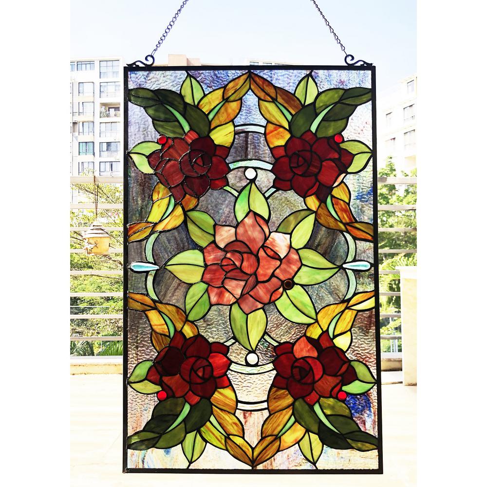 CHLOE Lighting CANNA Tiffany-Style Floral Stained Glass Window Panel 32" Height. Picture 3